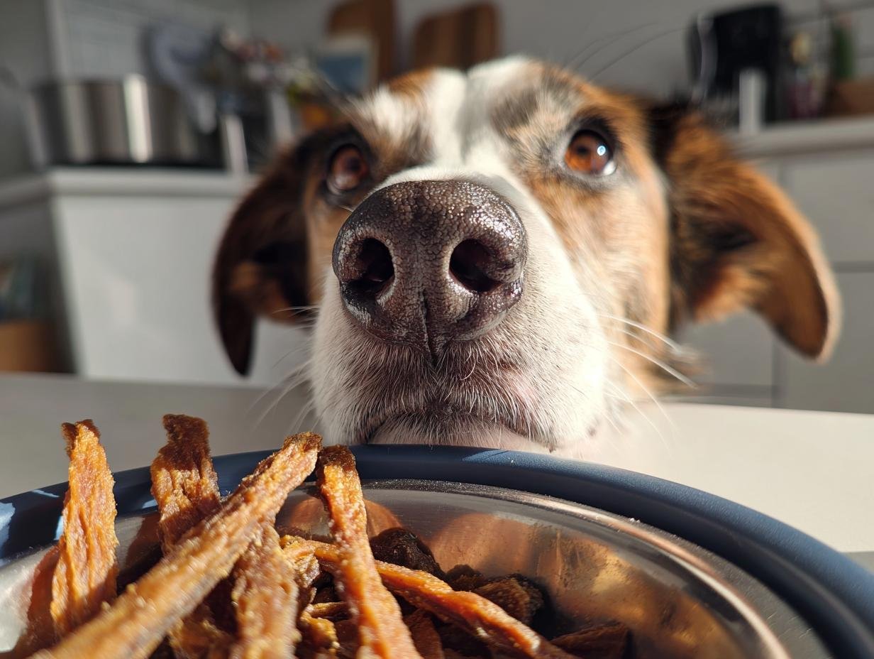 A curious dog's nose and eyes are in focus, looking intently at a bowl of Turkey Green Bean Lean Jerky.