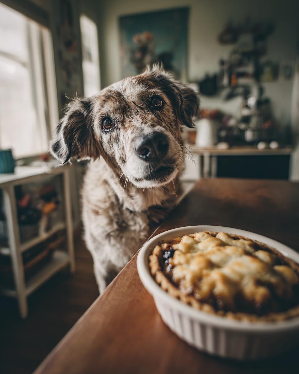 A fluffy dog looks curiously at a small Turkey and Blueberry Antioxidant Dish.