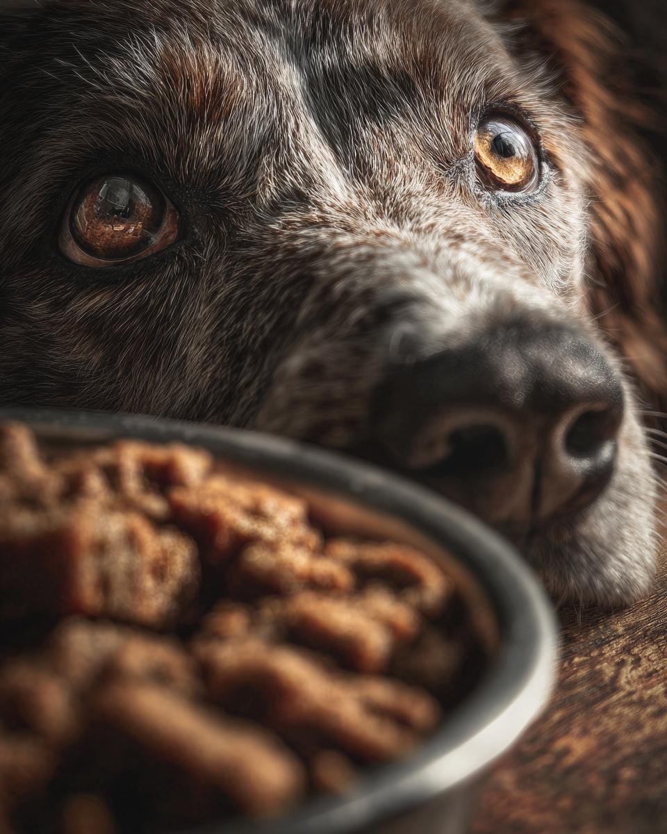 A close-up of a dog's face, with its soulful eyes looking towards a bowl of Chicken Apple Fresh Breath Jerky.