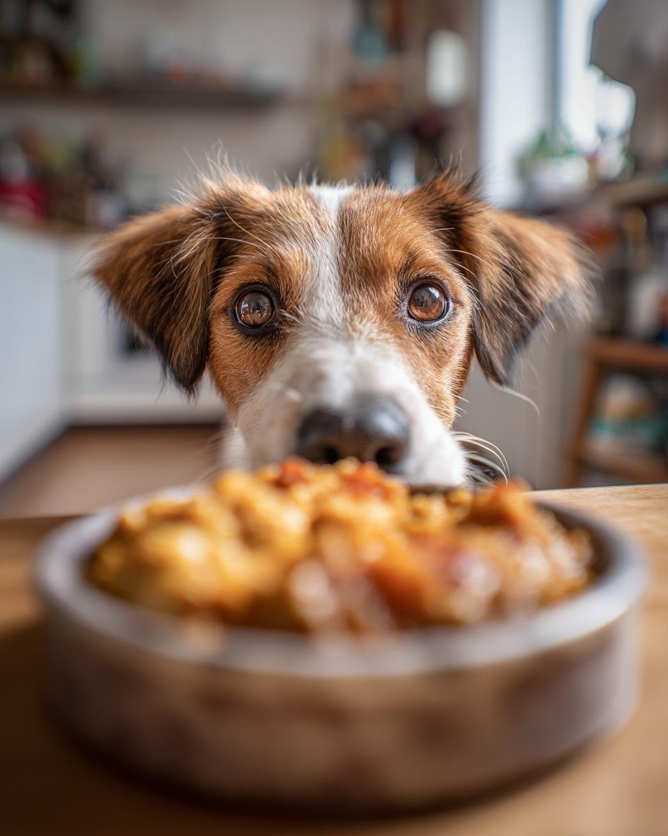 A cute dog's face is in focus, looking intently at a bowl of Chicken and Cauliflower Gut Friendly Stew.