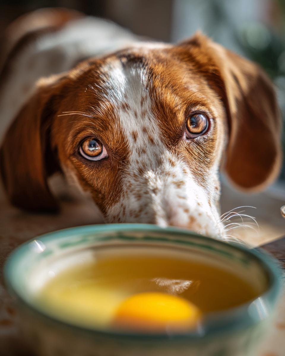 A cute dog with expressive eyes peers intently at a bowl containing a chicken and pear soothing stomach meal.