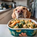 A golden retriever dog looks intently at a bowl of chicken and spinach lean meal, ready to eat.