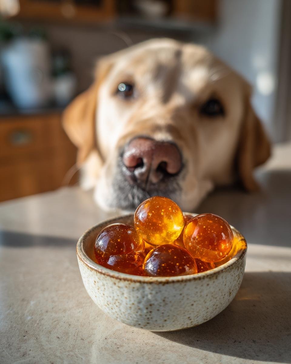 A yellow Labrador dog stares intently at a small bowl of amber-colored Minimal Ingredient Bone Broth Gummies.