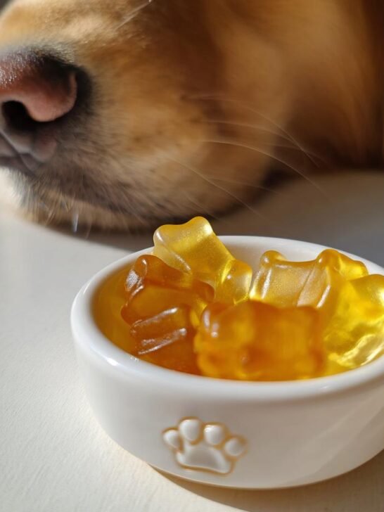 A golden retriever's nose hovers near a small white bowl filled with golden Calcium Boost Bone Broth Gummies for Dogs.