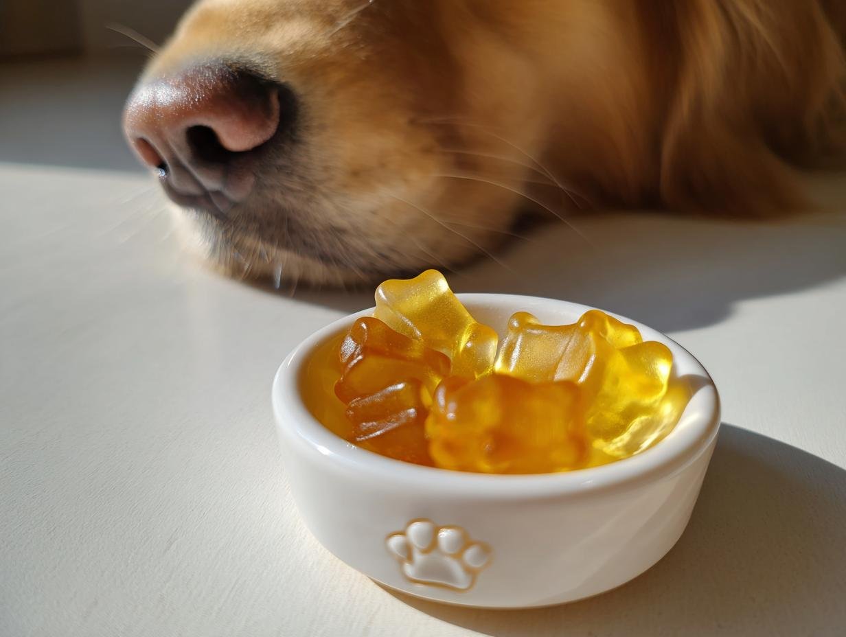 A golden retriever's nose hovers near a small white bowl filled with golden Calcium Boost Bone Broth Gummies for Dogs.