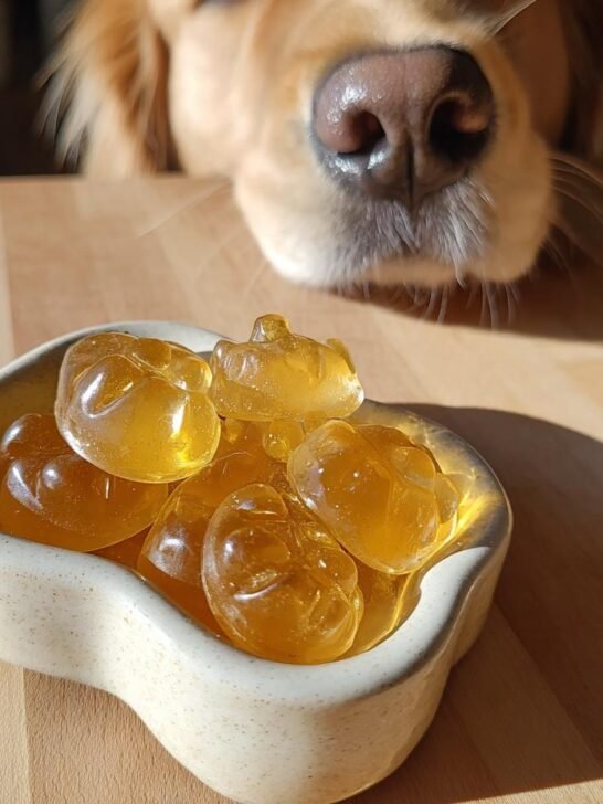 A golden retriever's nose hovers over a small bowl of amber-colored Ginger Bone Broth Tummy-Soothing Gummies for dogs.