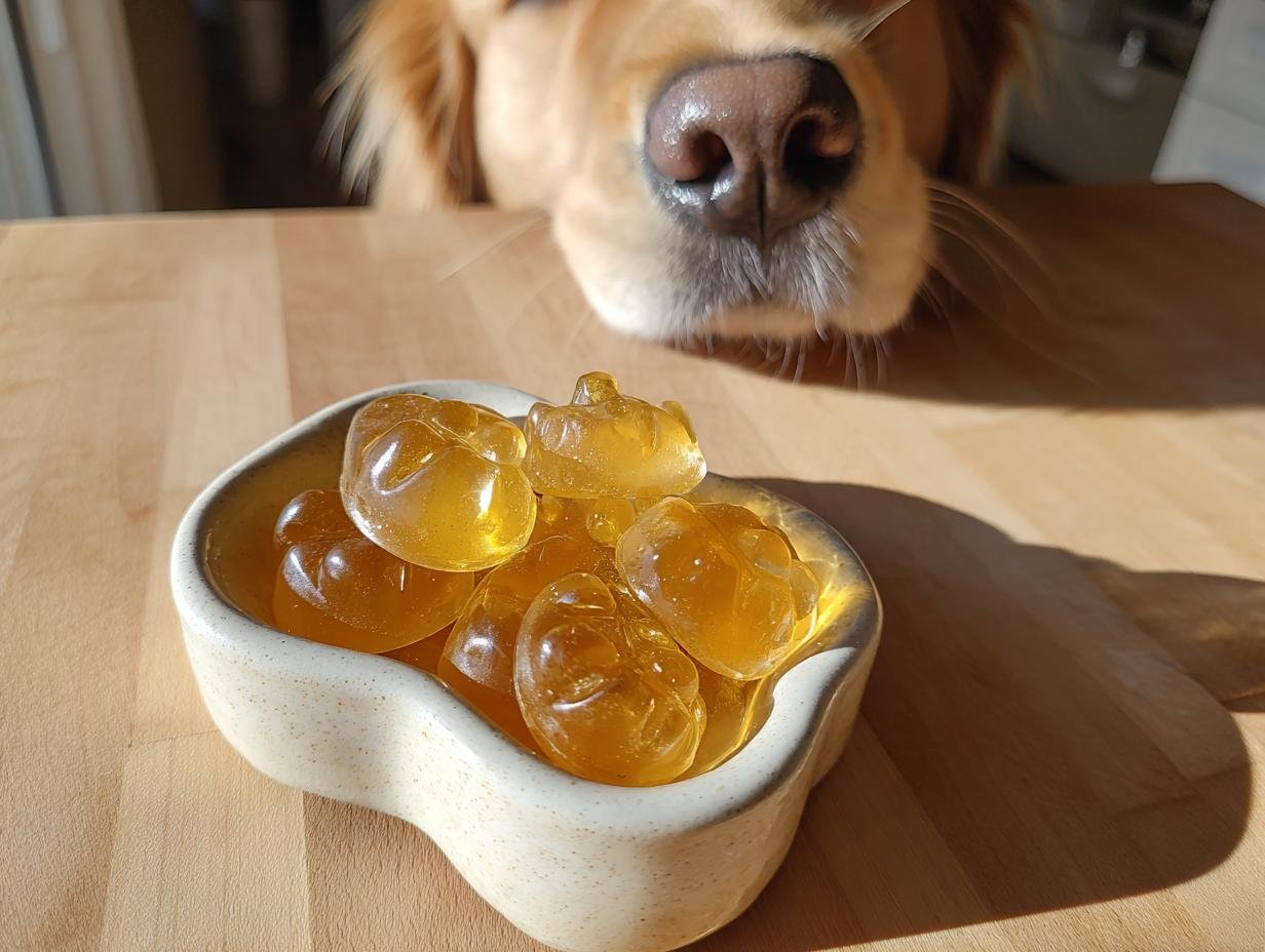 A golden retriever's nose hovers over a small bowl of amber-colored Ginger Bone Broth Tummy-Soothing Gummies for dogs.
