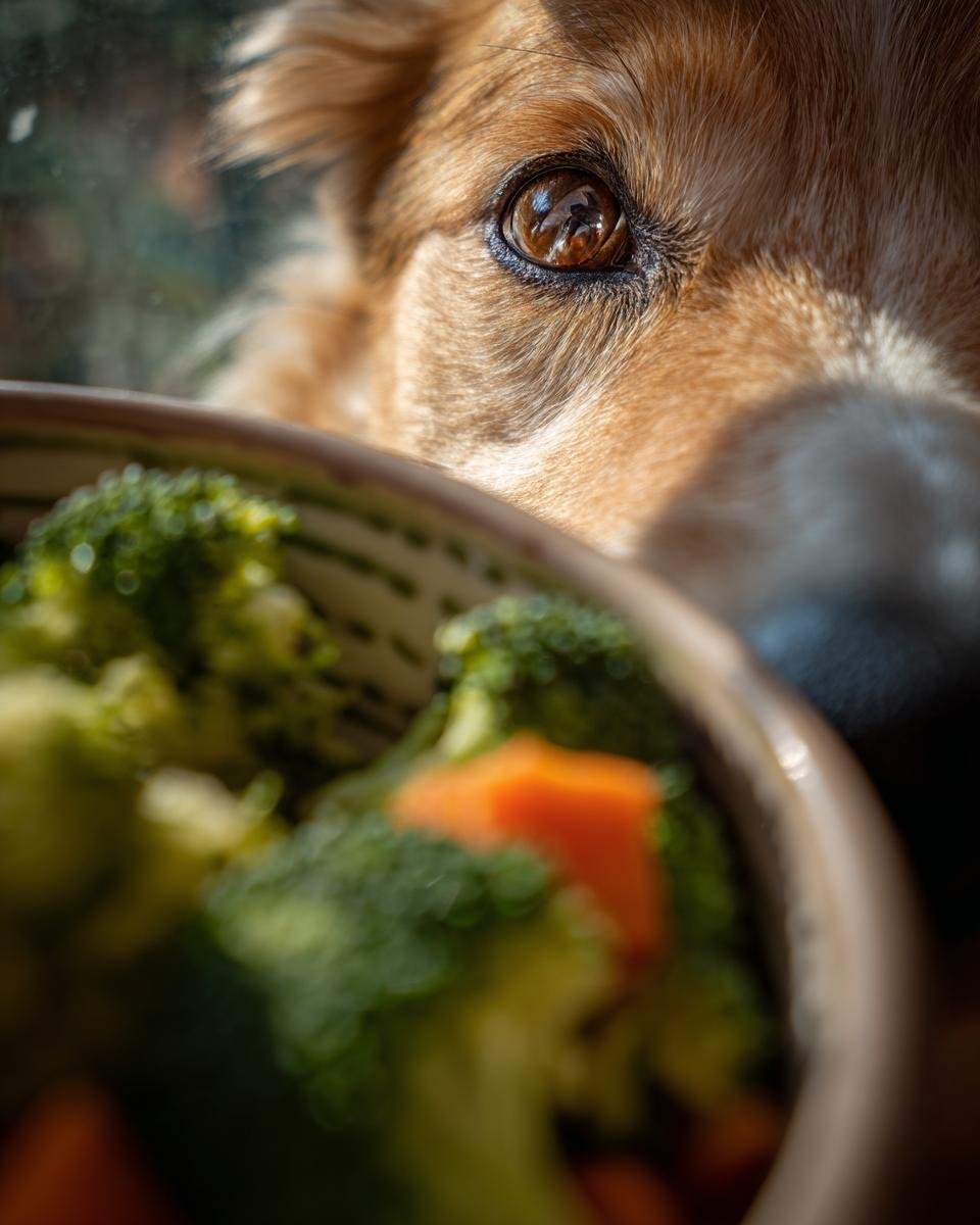 A dog's eye looking over a bowl of turkey and broccoli cleansing meal.