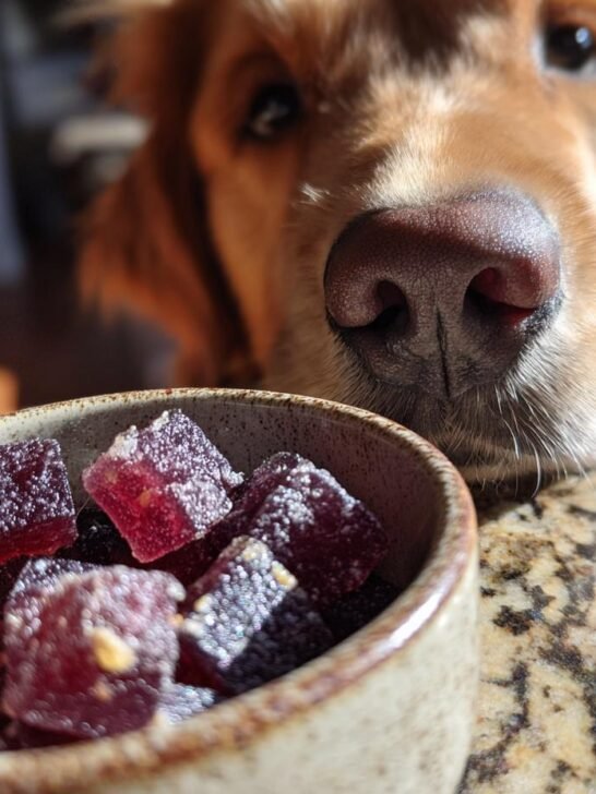 A curious golden retriever's nose is close to a bowl of Berry Blast Bone Broth Gummies for Dogs.