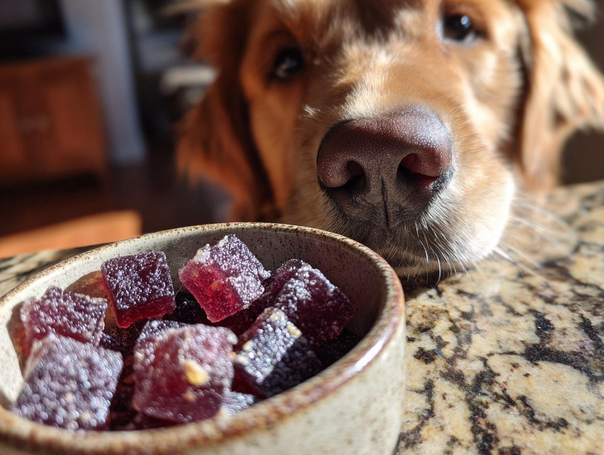 A curious golden retriever's nose is close to a bowl of Berry Blast Bone Broth Gummies for Dogs.