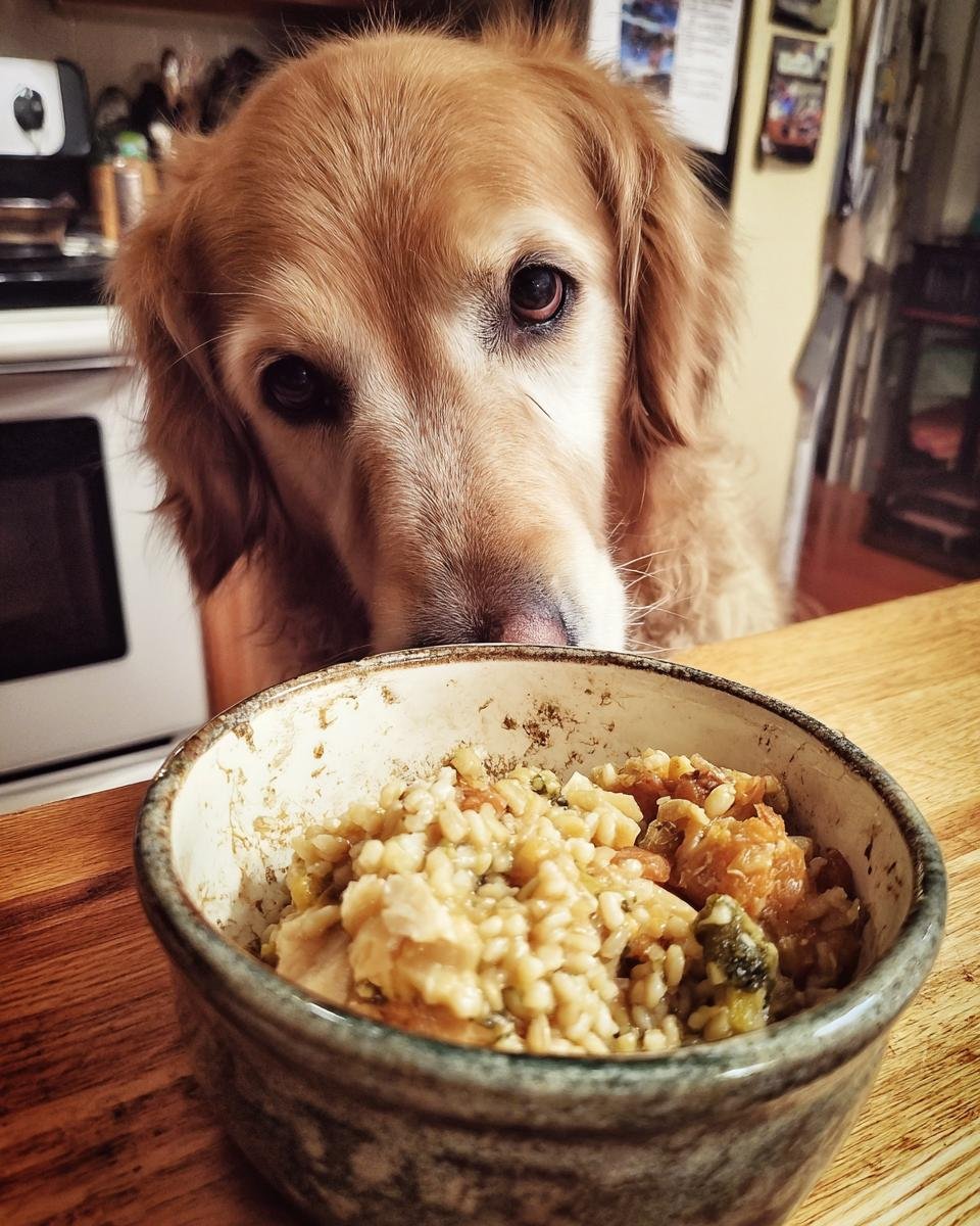 A golden retriever intently looks down at a bowl of Homemade Chicken and Barley Slow Bake Dinner Kibble.