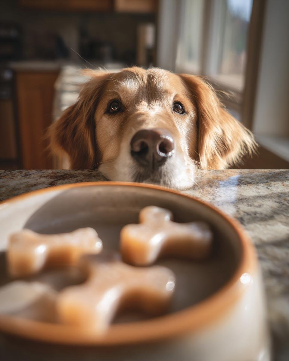Golden Retriever looking intently at bone-shaped Collagen-Rich Bone Broth Gummy Bones in a bowl.