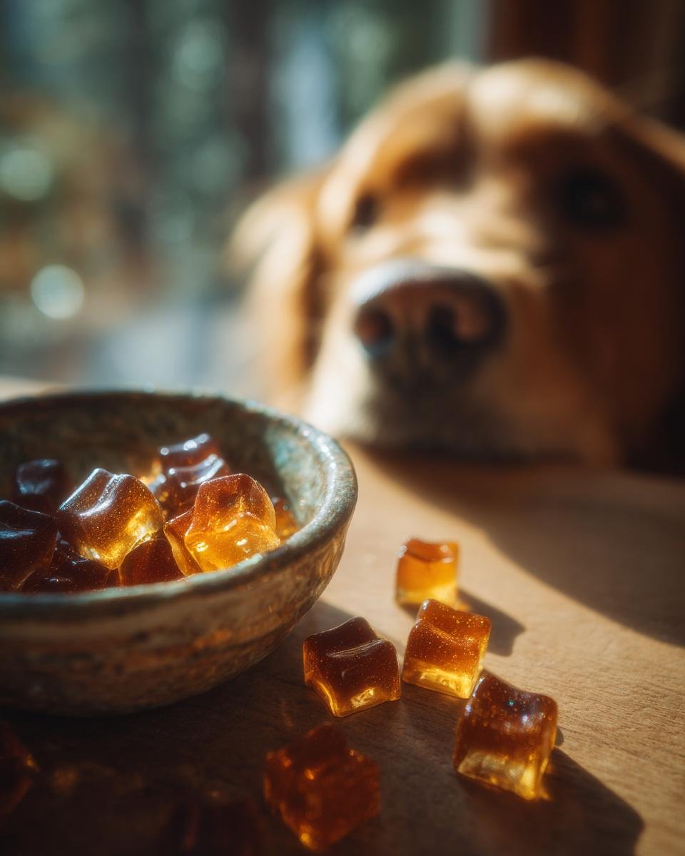 Amber-colored Allergy-Friendly Bone Broth Gummies in a bowl with a golden retriever looking eagerly in the background.