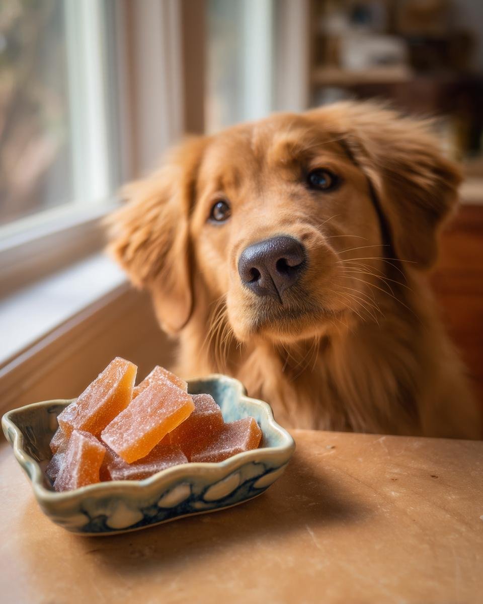 Golden retriever dog looking eagerly at a small bowl of orange gummies, likely Aloe & Bone Broth Skin Support Gummies for Dogs.
