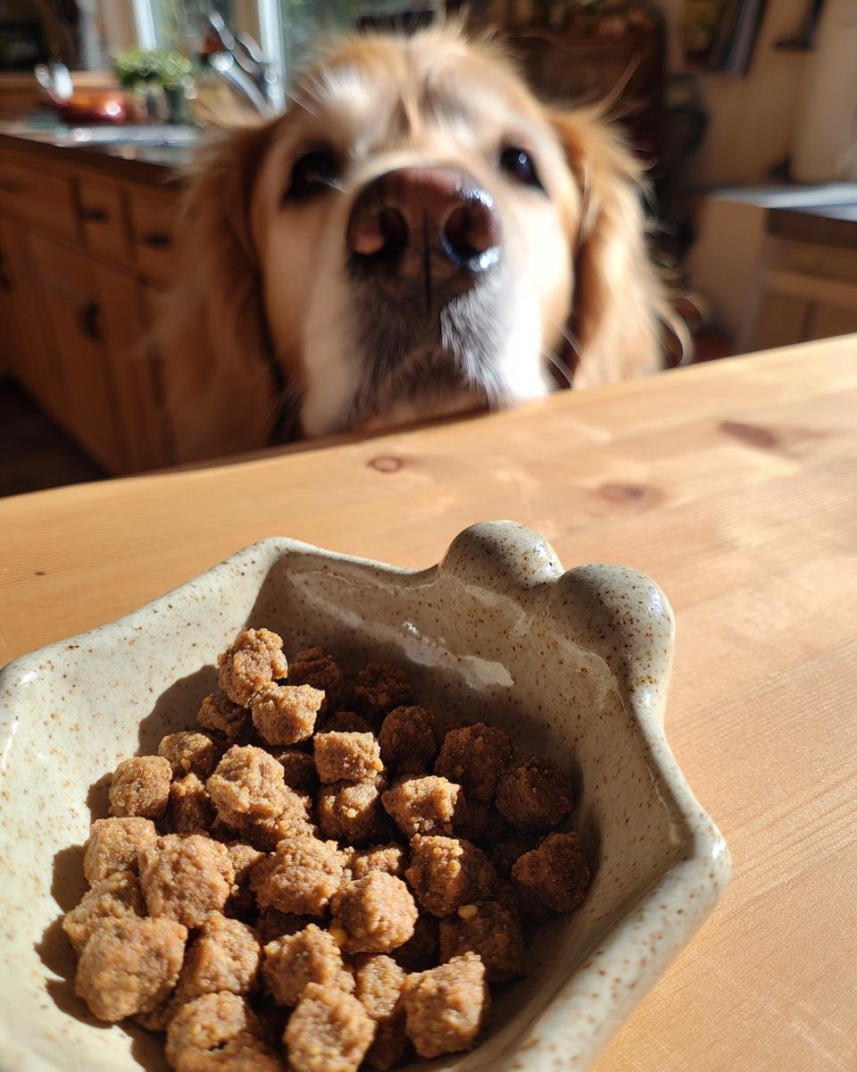 A golden retriever looks intently at a bowl of Homemade Beef and Carrot Crisp Oven Kibbles on a wooden table.