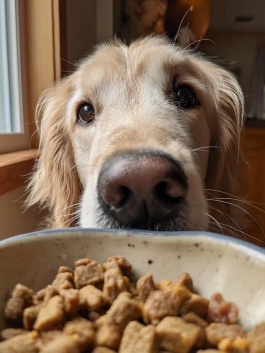 Golden Retriever looking intently at a bowl of Homemade Beef and Rice Everyday Crunch Kibble.