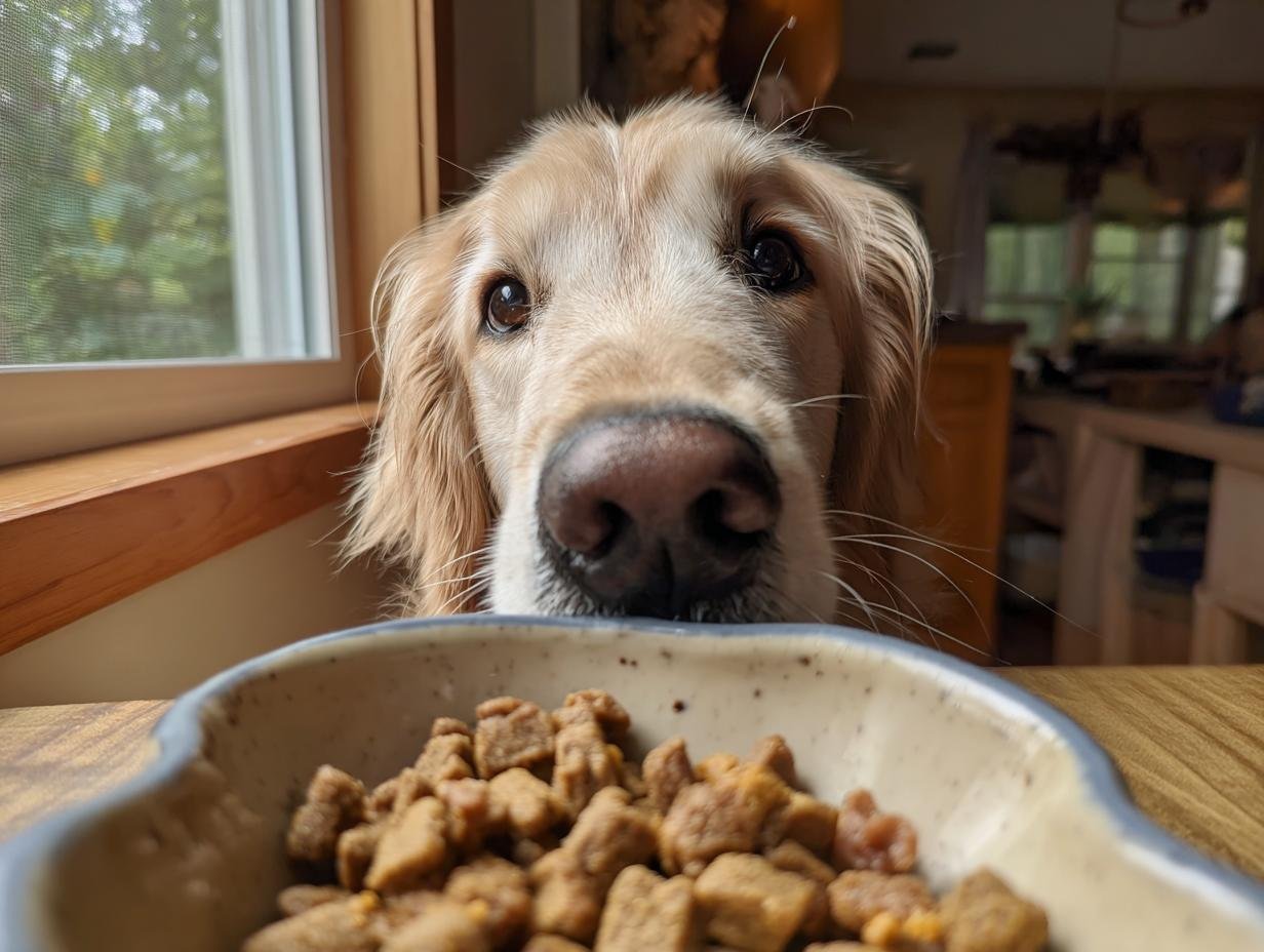 Golden Retriever looking intently at a bowl of Homemade Beef and Rice Everyday Crunch Kibble.