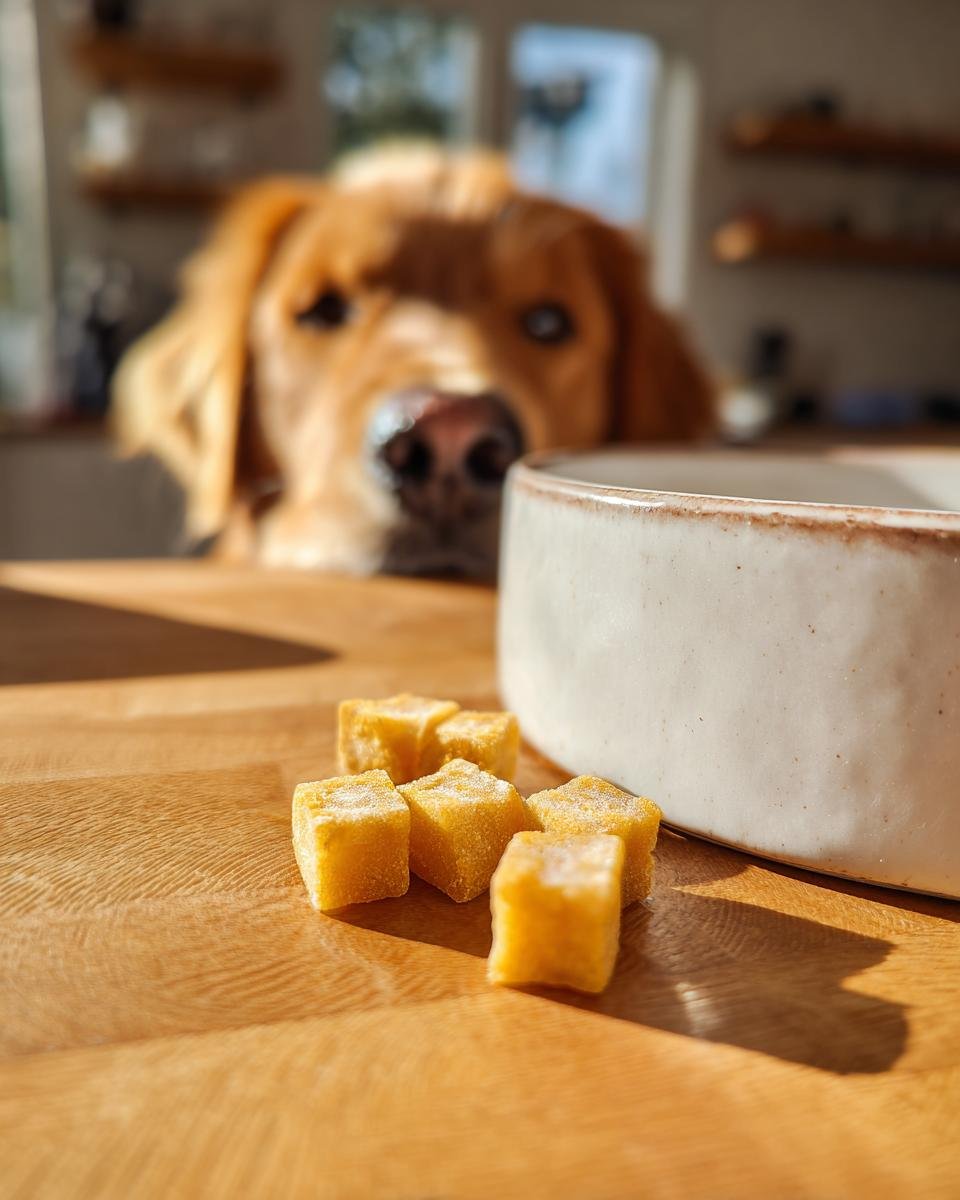 A golden retriever looks eagerly at several yellow Post-Workout Bone Broth Recovery Gummies on a wooden counter next to a bowl.