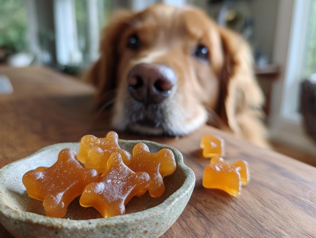 A golden retriever looks eagerly at star-shaped Calcium & Collagen Bone Broth Gummies for dogs on a wooden table.