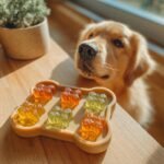A golden retriever looks eagerly at paw-shaped Carrot & Spinach Bone Broth Gummies on a bone-shaped tray.