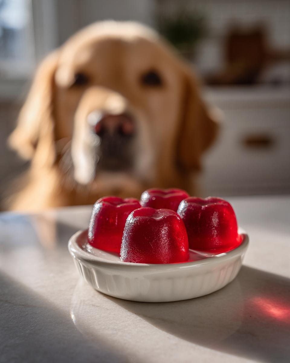 Four red, heart-shaped Cranberry Bone Broth Urinary Support Gummies for dogs on a white dish, with a Golden Retriever looking intently in the background
