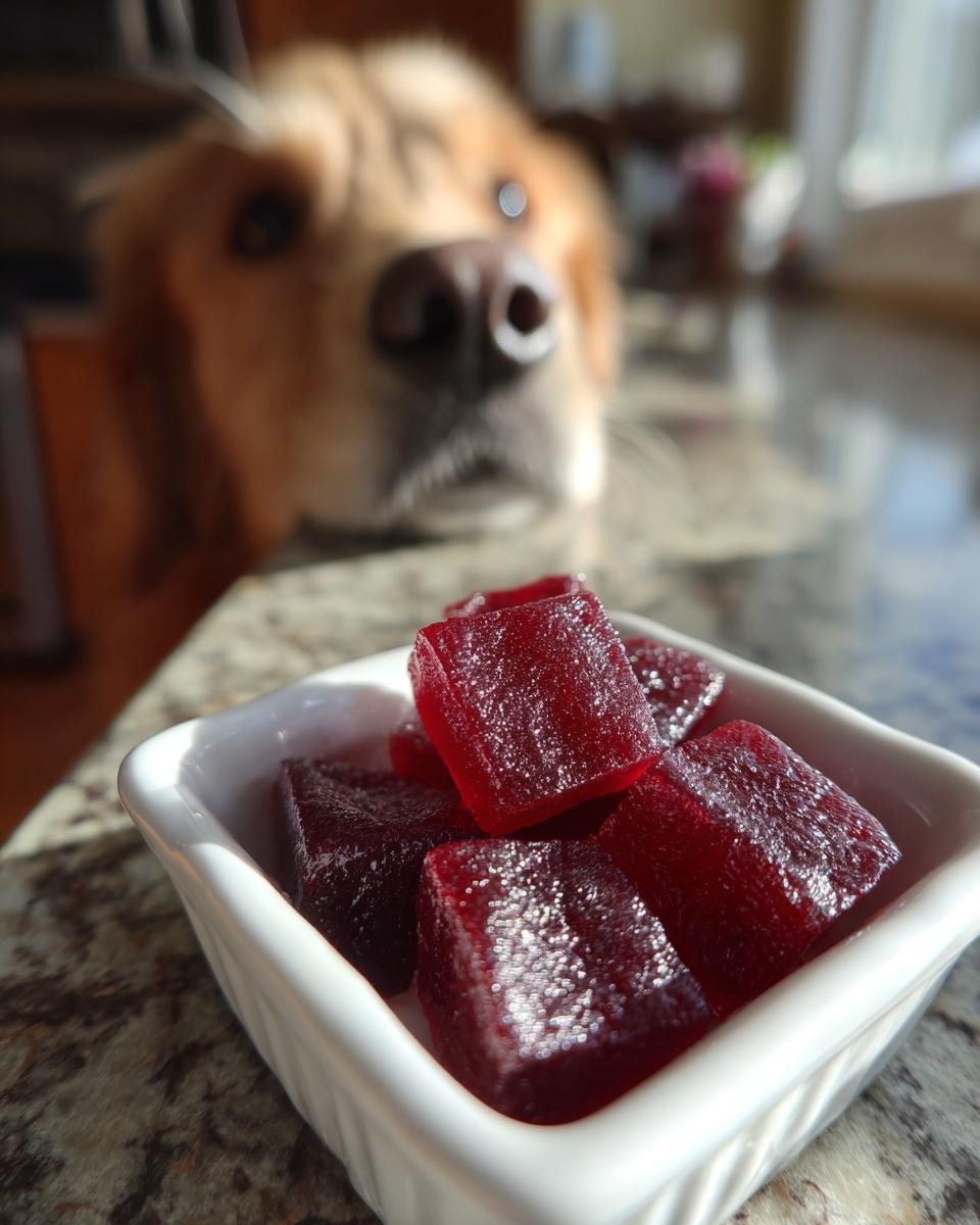 A golden retriever looks eagerly at a small white bowl filled with dark red Cranberry Bone Broth Urinary Support Gummies for dogs.
