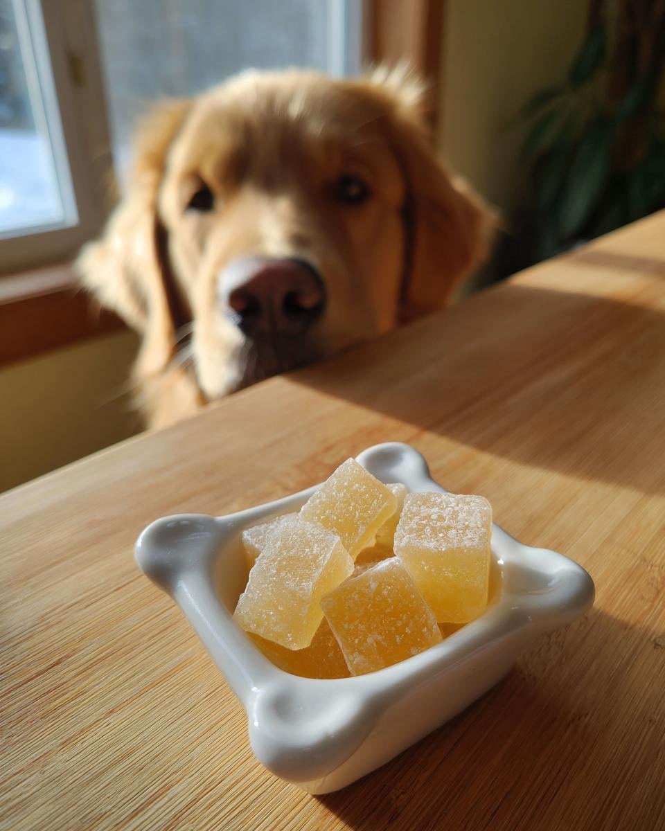 A golden retriever looks eagerly at a small white bowl of yellow Hydration Bone Broth Electrolyte Gummies.