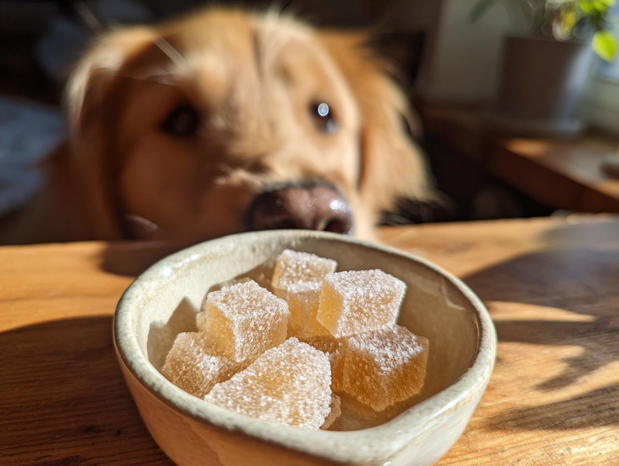 A golden retriever looks eagerly at a small bowl of Hydration Bone Broth Electrolyte Gummies for dogs.