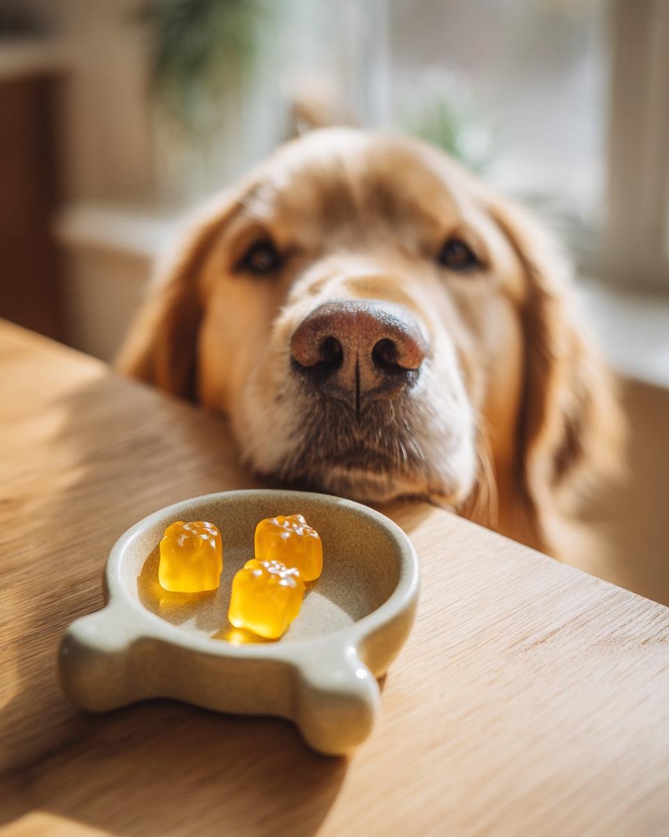 A golden retriever dog stares intently at three yellow Natural Joint Care Bone Broth Gummies in a small dish.