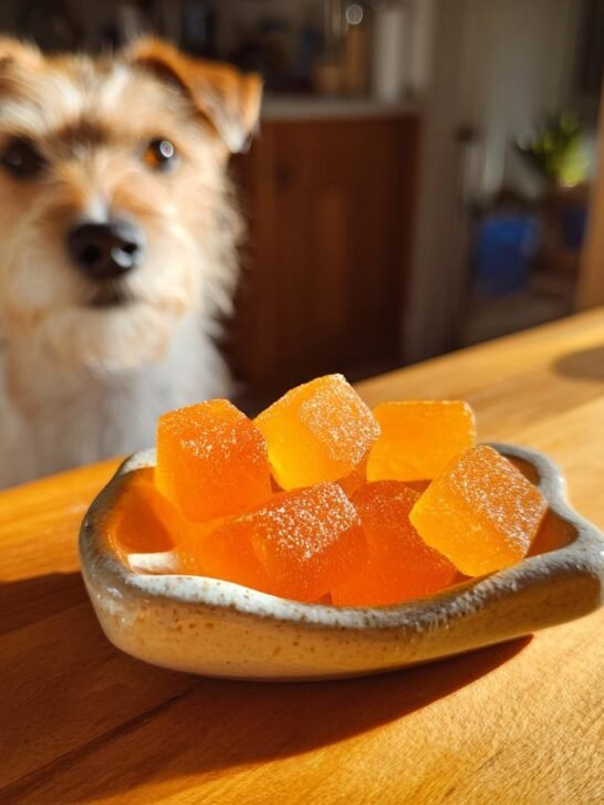 A small dog looks intently at a bowl of orange Pumpkin Bone Broth Digestive Gummies for Dogs on a wooden counter.