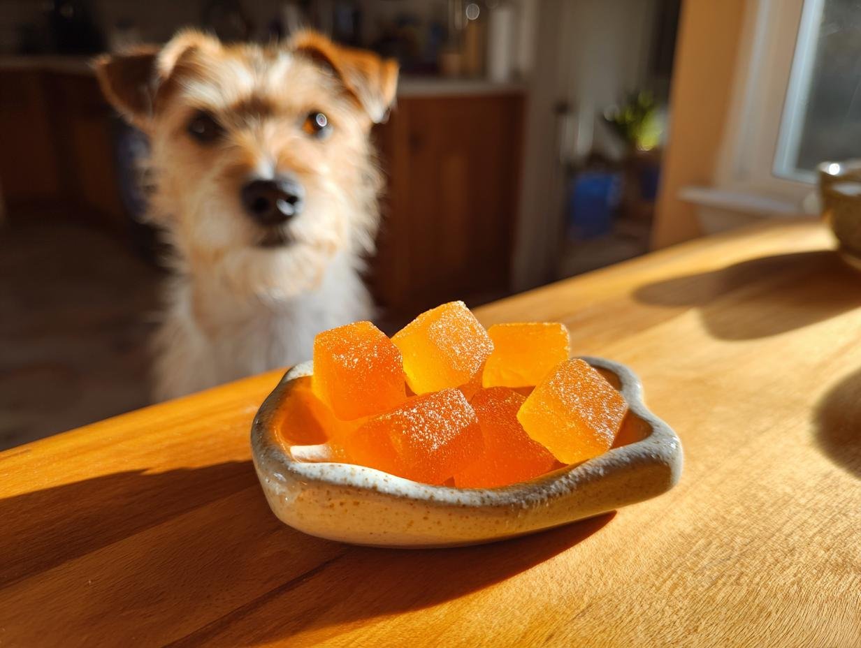 A small dog looks intently at a bowl of orange Pumpkin Bone Broth Digestive Gummies for Dogs on a wooden counter.