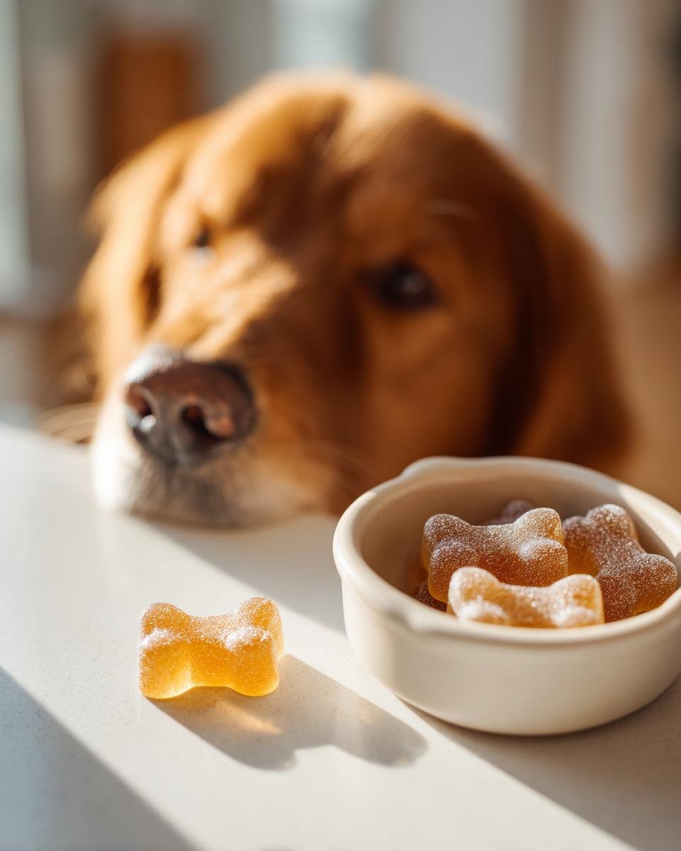 A golden retriever looks longingly at bone-shaped Stress Relief Bone Broth Gummies for Dogs in a small bowl.