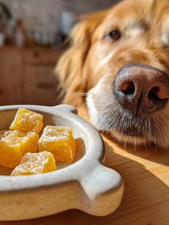 A golden retriever's nose is close to a bowl of golden turmeric bone broth gummies for dogs.