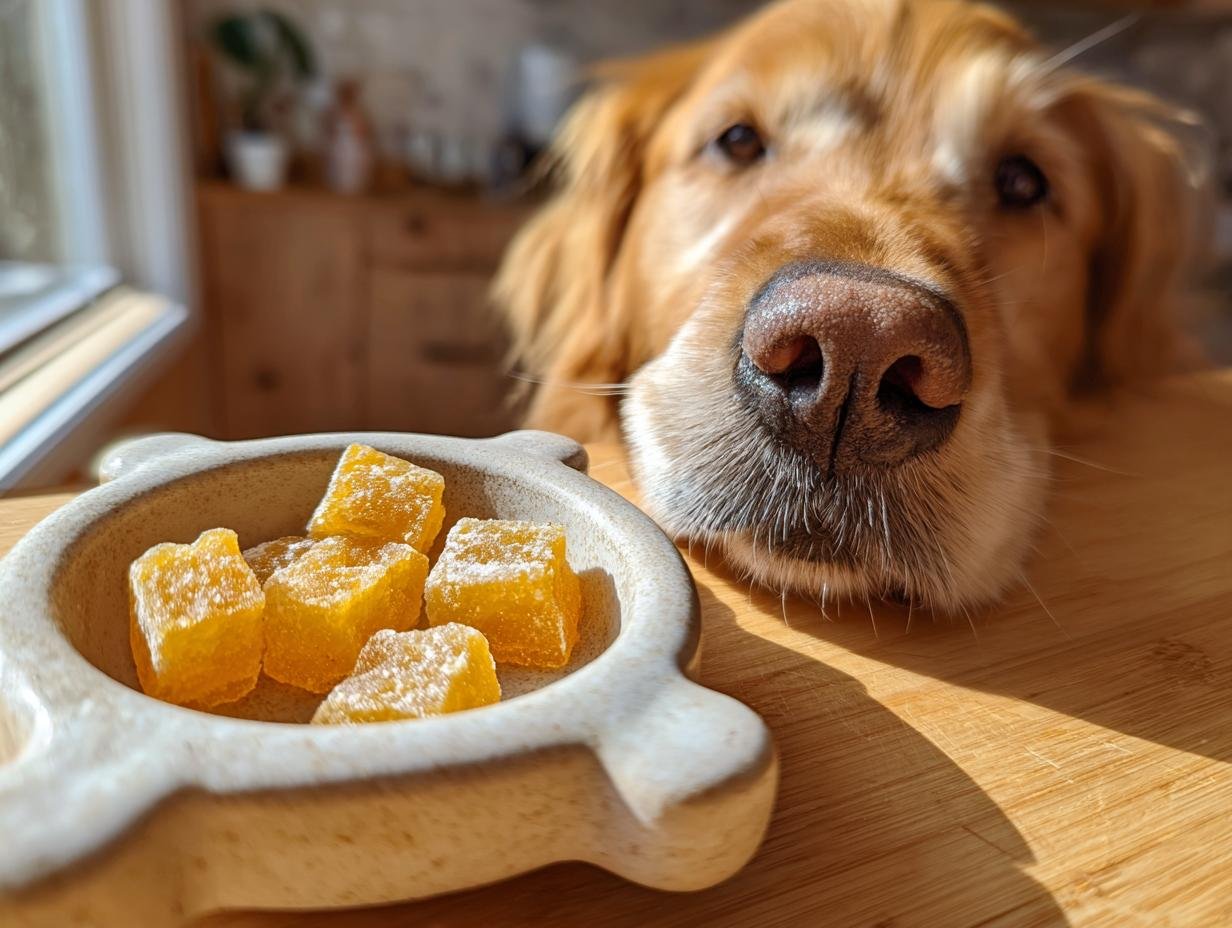 A golden retriever's nose is close to a bowl of golden turmeric bone broth gummies for dogs.