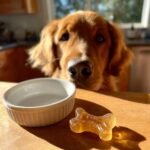 A golden retriever looks intently at a single bone-shaped Grain-Free Bone Broth Gummy Bone treat next to an empty dish.