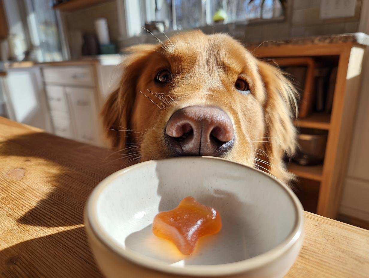 Golden Retriever looking intently at a single star-shaped Grain-Free Bone Broth Gummy Bone in a small bowl.