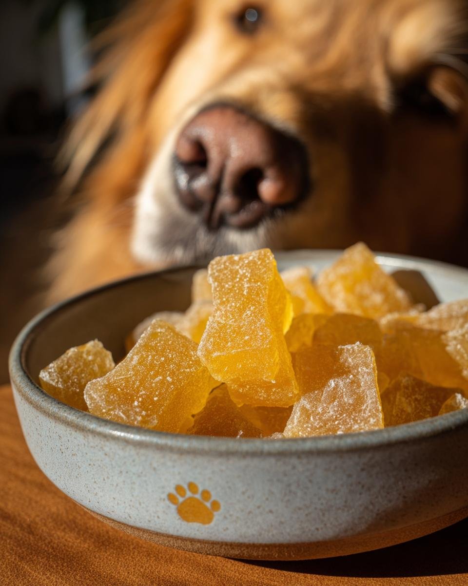 A bowl of yellow Joint Support Bone Broth Gummy Bones with a curious Golden Retriever sniffing them.