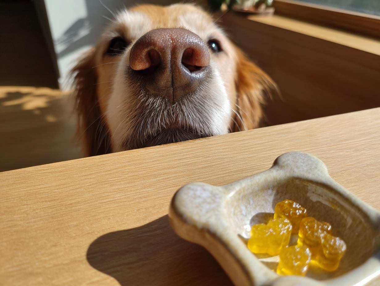 Golden retriever nose close-up looking down at yellow bone broth gummies for dogs in a dish.