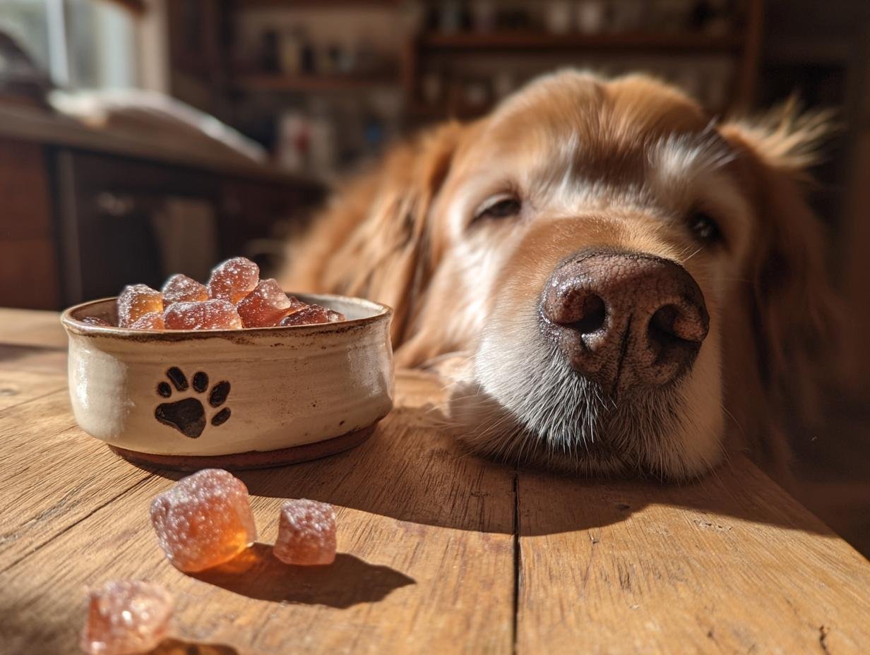 Golden Retriever nose close-up next to a bowl of Skin & Coat Bone Broth Gummies for dogs.