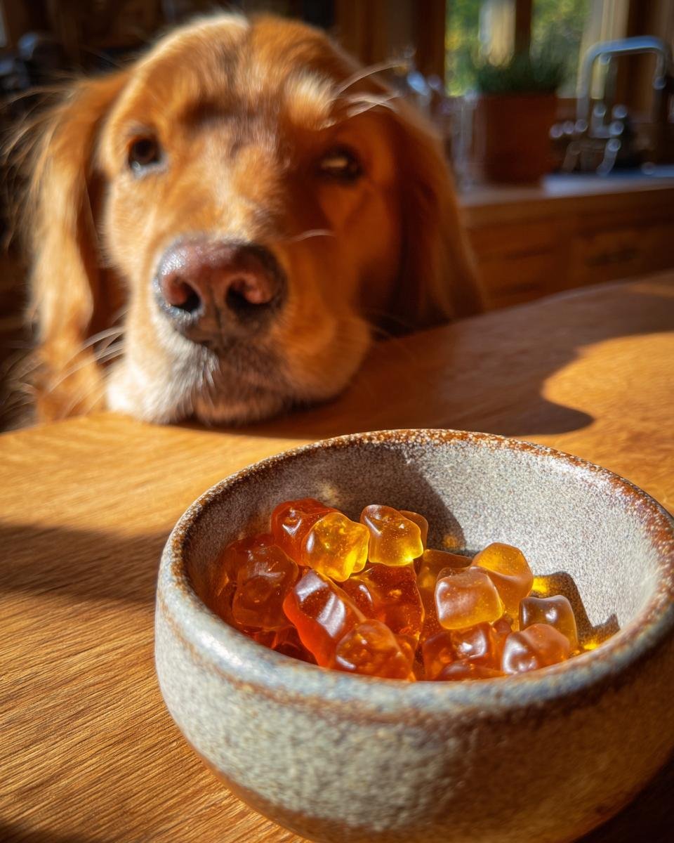 A golden dog looks longingly at a bowl of amber-colored Gentle Stomach Bone Broth Gummies for Dogs.