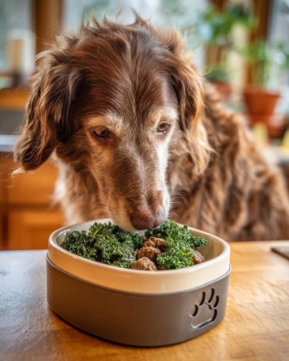 A brown dog with its nose down, eating from a bowl of Beef and Kale Strength Mix.