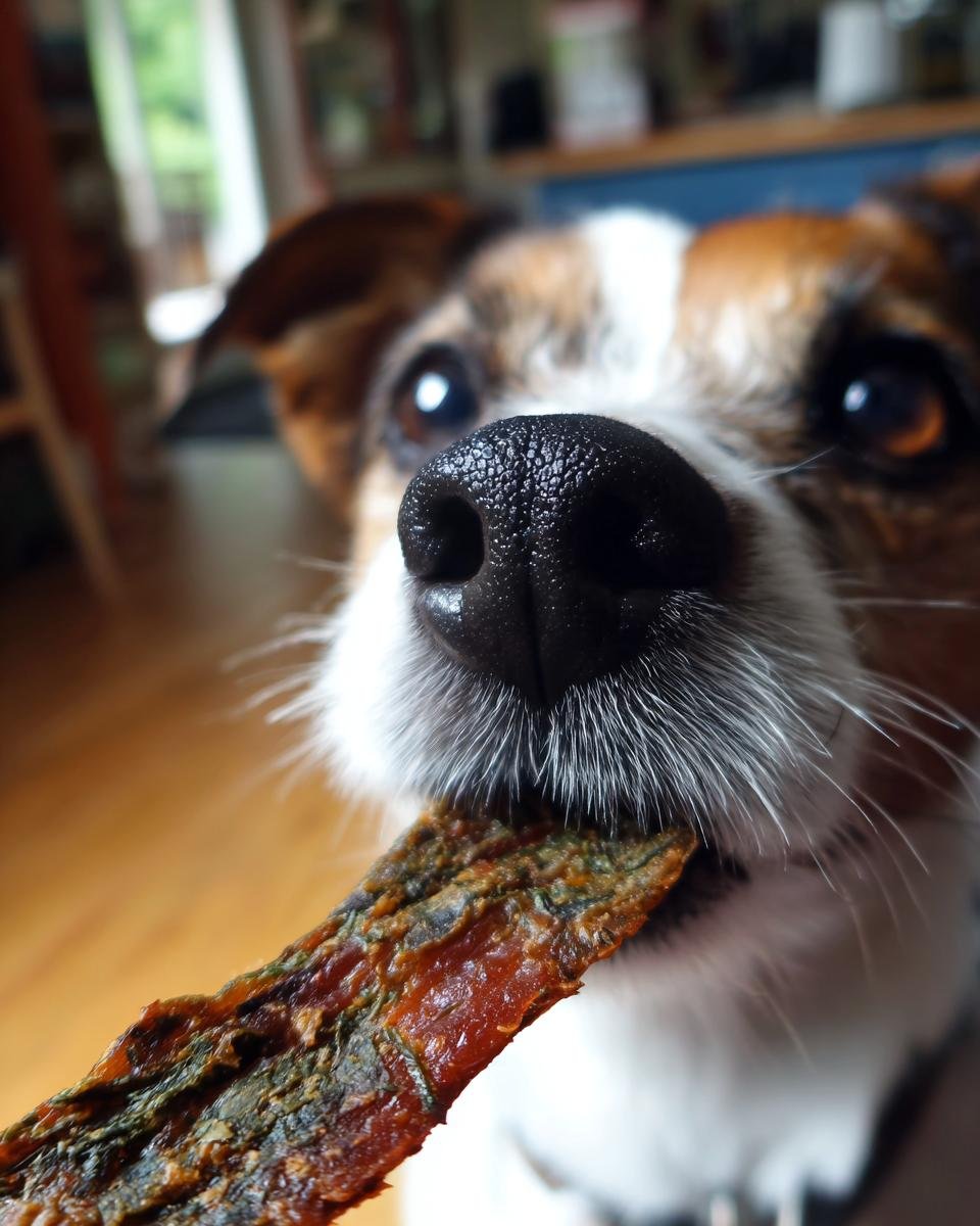 Close-up of a dog's nose and mouth as it chews on a piece of Beef Spinach Iron Jerky.