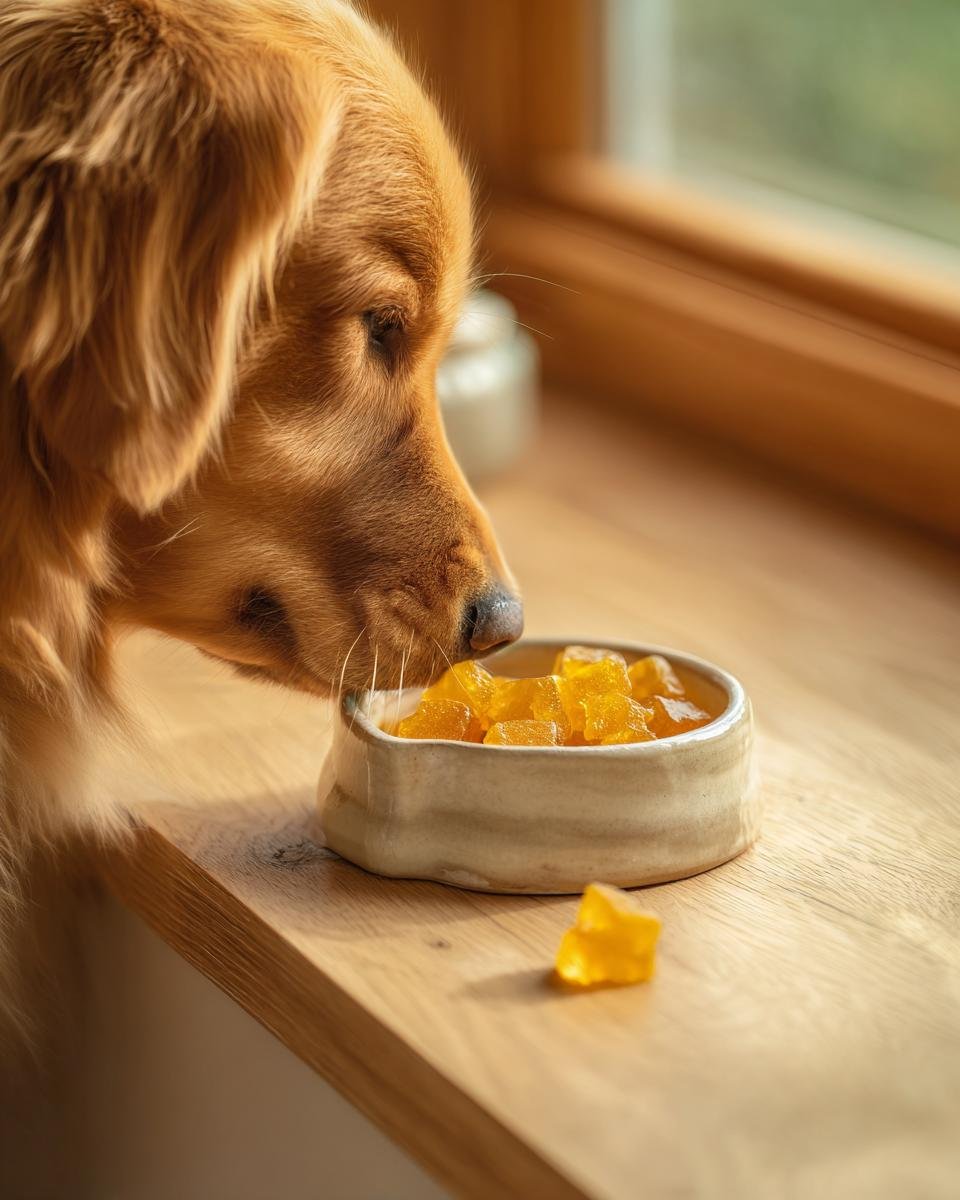 Golden Retriever eagerly sniffing a small bowl filled with golden turmeric bone broth gummies for dogs.