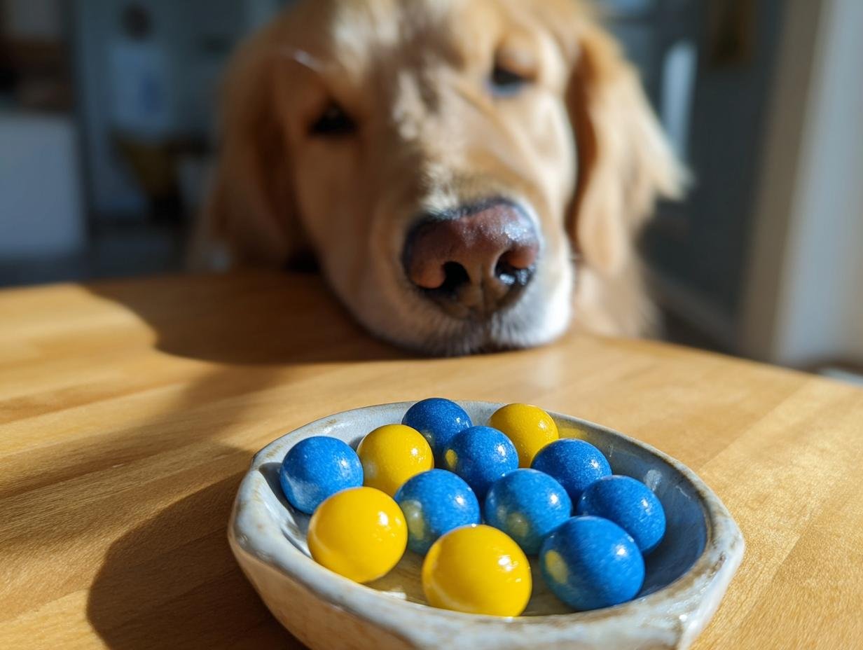 A golden retriever looks intently at a small dish of blue and yellow Apple & Blueberry Bone Broth Gummies.