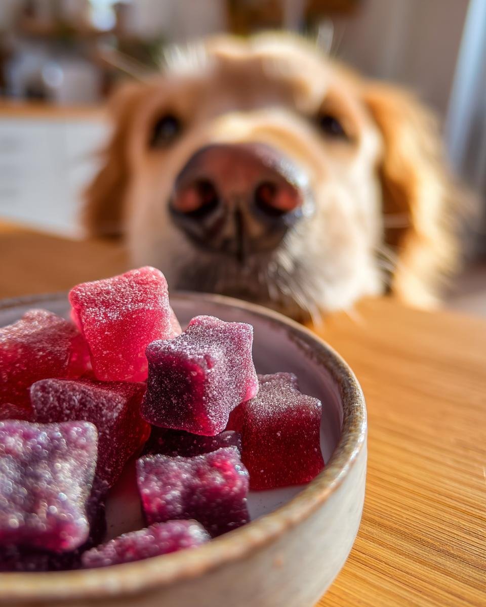 A golden retriever's nose is in sharp focus as it looks down at a bowl of homemade Blueberry & Cranberry Bone Gummy Treats for Dogs.