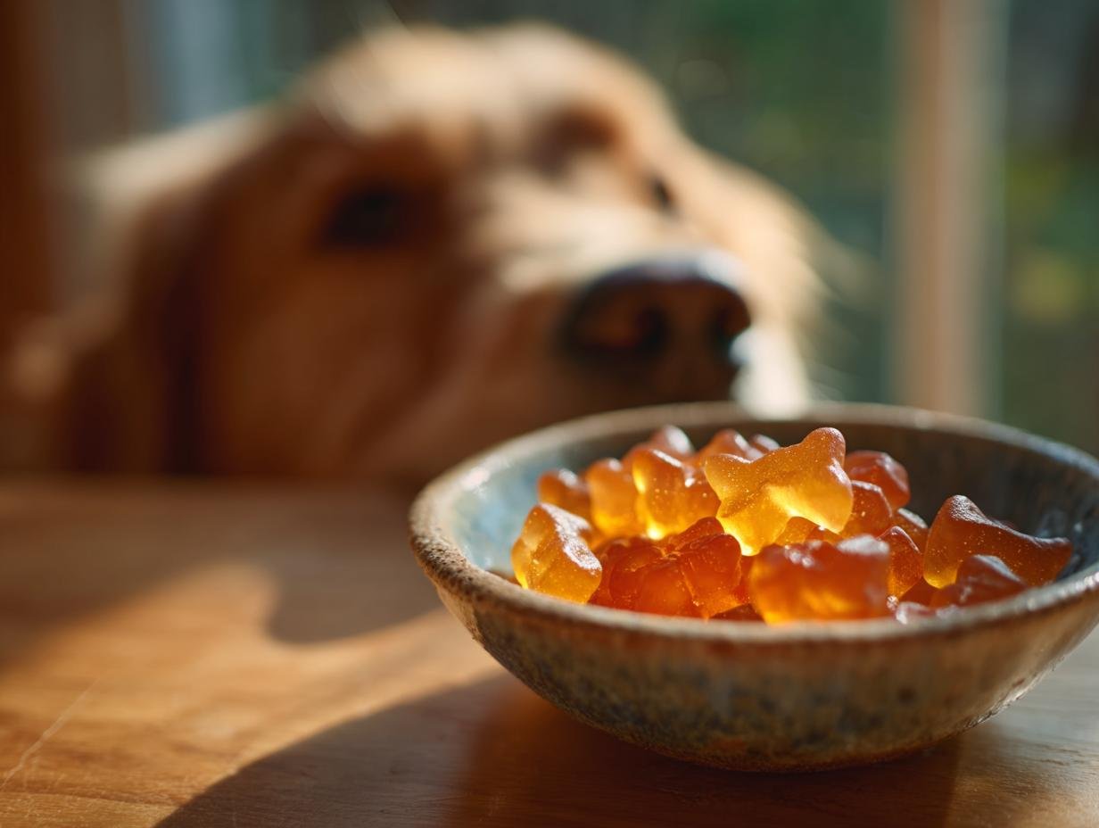 A bowl of amber-colored, bone-shaped Allergy-Friendly Bone Broth Gummies for Dogs with a Golden Retriever looking intently in the background.