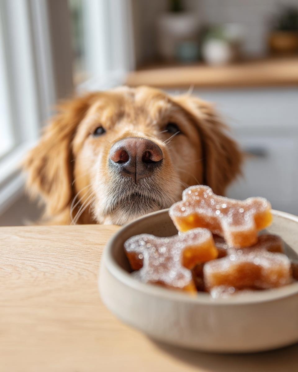 A golden retriever dog curiously looks down at a bowl of homemade Superfood Bone Broth Gummy Bones for dogs.