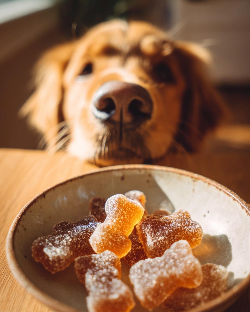A golden retriever looks intently at a bowl of bone-shaped Weight Control Bone Broth Low-Cal Gummies for dogs.