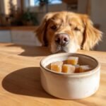 A golden retriever intently looks down at a small bowl of homemade Post-Workout Bone Broth Recovery Gummies for Dogs.
