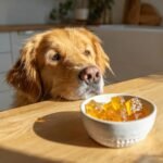 Golden Retriever eagerly looking at a bowl of yellow Bone Strength Bone Broth Gummy Bones on a wooden table.